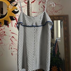 Ann Taylor Black and White Striped Blouse w Blue Accents M